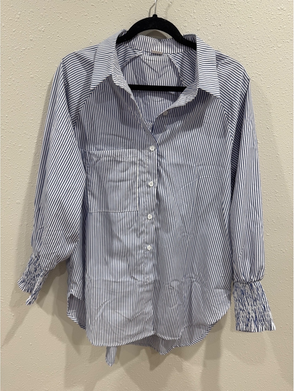 ASVIVID Blue White Striped Button Down Shirt L Smocked Cuff Oversized Preppy